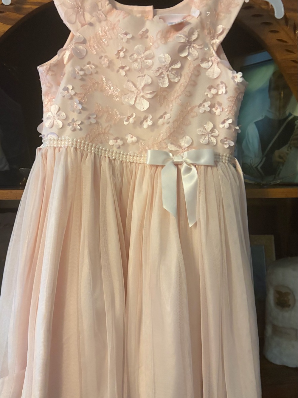 Youngland Pink Floral Appliqué Tulle Dress with Pearl Waist